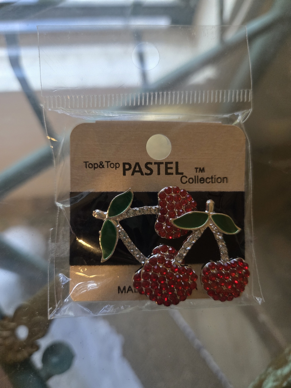 Pastels Red Cherry Crystal Earrings with Green Enamel Leaves